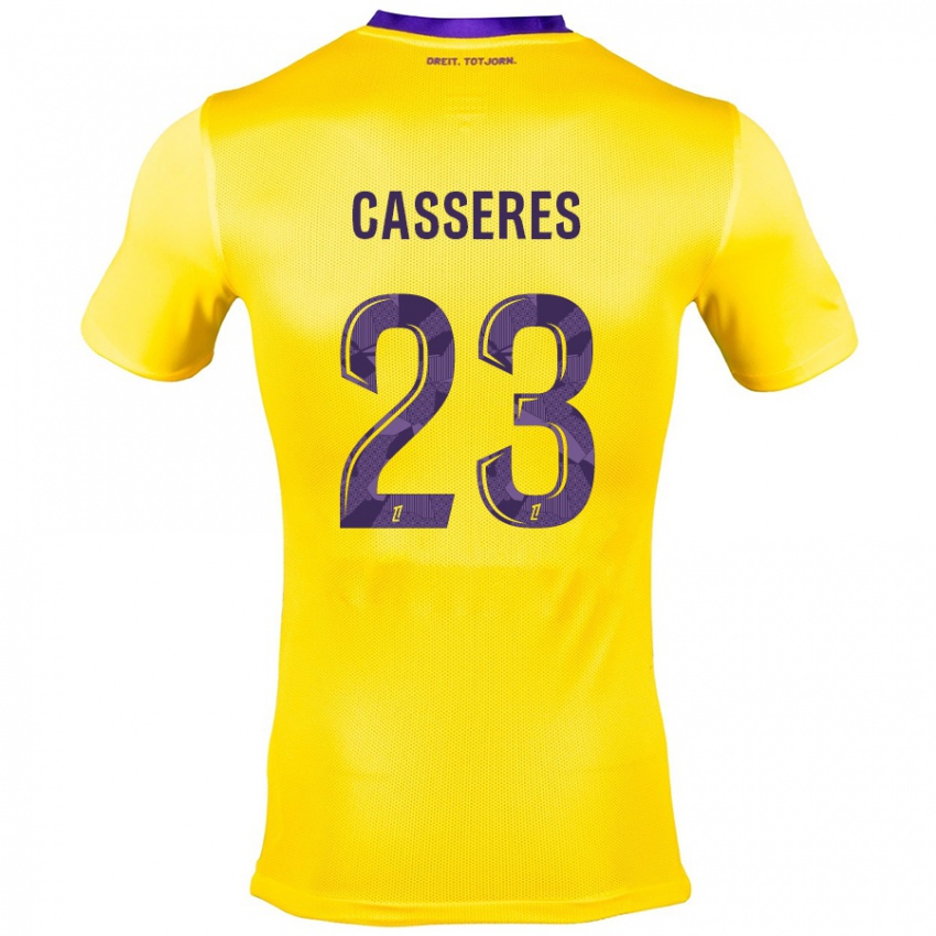 Kinder Cristian Cásseres Jr. #23 Gelb Lila Auswärtstrikot Trikot 2024/25 T-Shirt Belgien