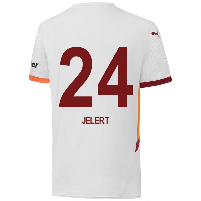 Enfant Maillot Elias Jelert #24 Blanc Jaune Rouge Tenues Extérieur 2024/25 T-Shirt Belgique