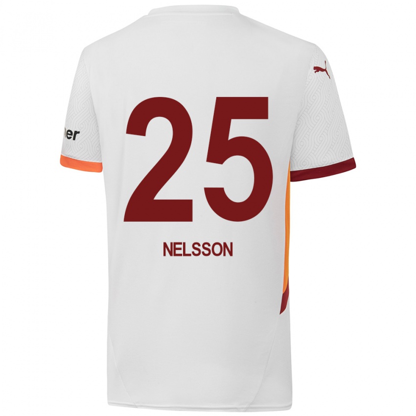 Enfant Maillot Victor Nelsson #25 Blanc Jaune Rouge Tenues Extérieur 2024/25 T-Shirt Belgique