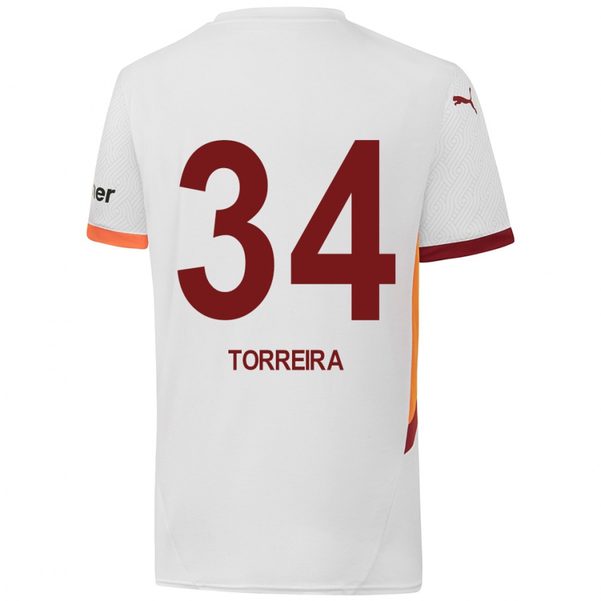 Kinderen Lucas Torreira #34 Wit Geel Rood Uitshirt Uittenue 2024/25 T-Shirt België