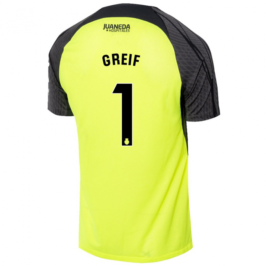 Kinder Dominik Greif #1 Fluoreszierend Grün Schwarz Auswärtstrikot Trikot 2024/25 T-Shirt Belgien