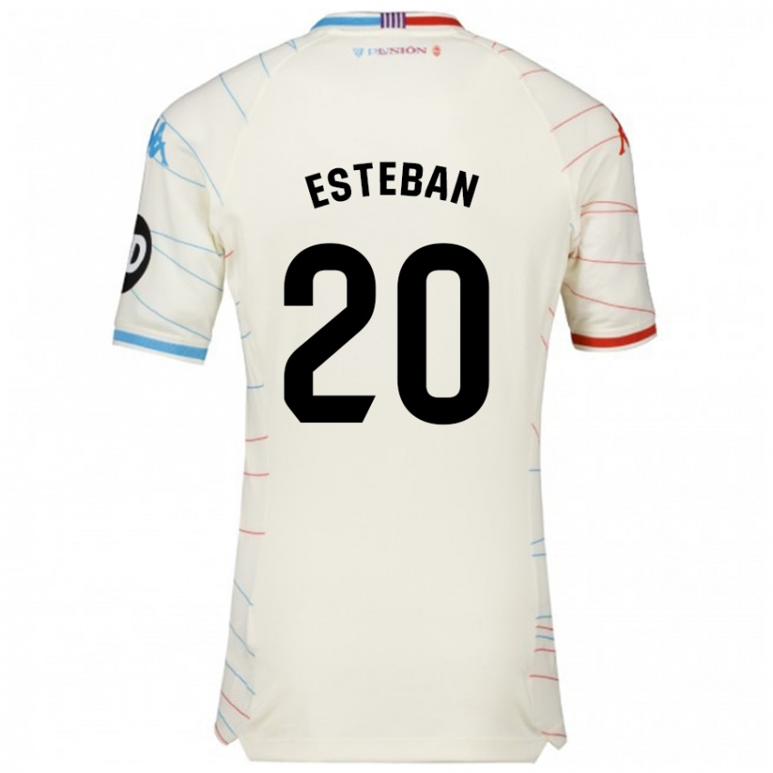 Enfant Maillot Sergio Esteban #20 Blanc Rouge Bleu Tenues Extérieur 2024/25 T-Shirt Belgique