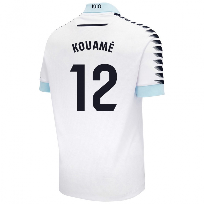 Enfant Maillot Rominigue Kouamé #12 Blanc Bleu Tenues Extérieur 2024/25 T-Shirt Belgique