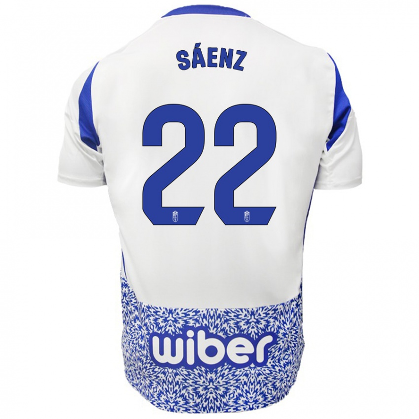 Kinderen Pablo Sáenz #22 Wit Blauw Uitshirt Uittenue 2024/25 T-Shirt België