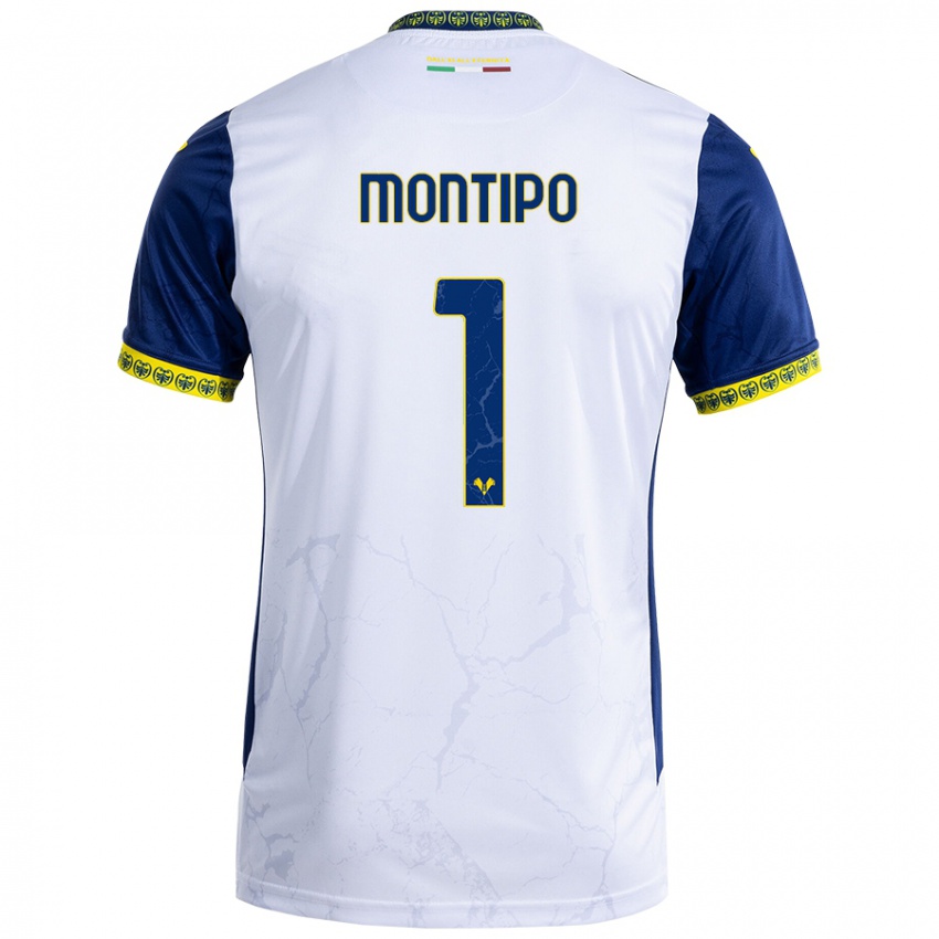 Enfant Maillot Lorenzo Montipò #1 Blanc Bleu Tenues Extérieur 2024/25 T-Shirt Belgique