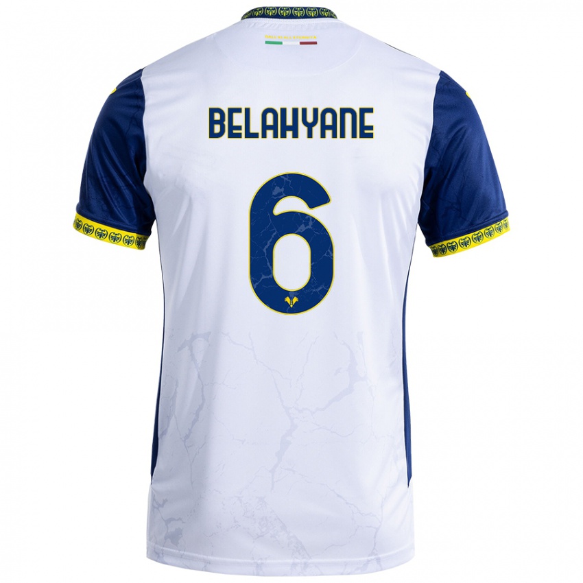 Enfant Maillot Reda Belahyane #6 Blanc Bleu Tenues Extérieur 2024/25 T-Shirt Belgique