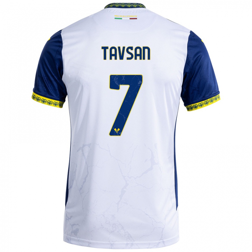 Enfant Maillot Elayis Tavsan #7 Blanc Bleu Tenues Extérieur 2024/25 T-Shirt Belgique