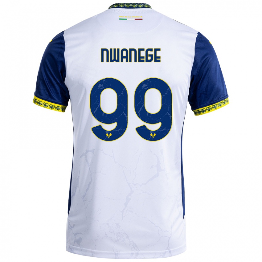 Enfant Maillot Karlson Nwanege #99 Blanc Bleu Tenues Extérieur 2024/25 T-Shirt Belgique