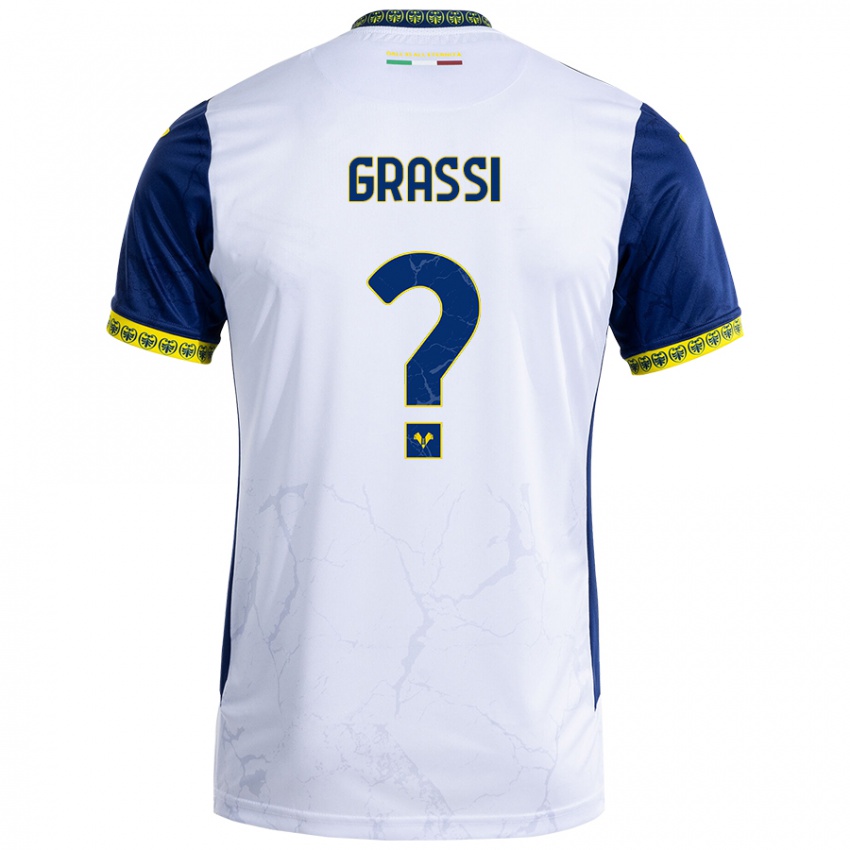 Enfant Maillot Pierfrancesco Grassi #0 Blanc Bleu Tenues Extérieur 2024/25 T-Shirt Belgique