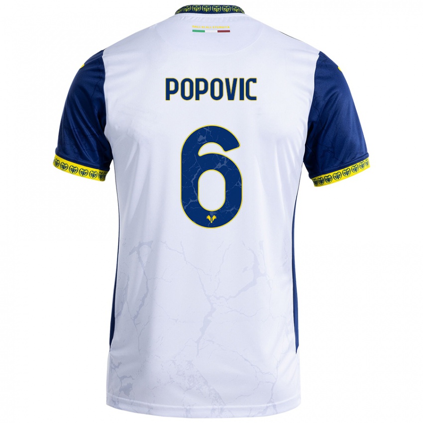 Enfant Maillot Andrej Popovic #6 Blanc Bleu Tenues Extérieur 2024/25 T-Shirt Belgique