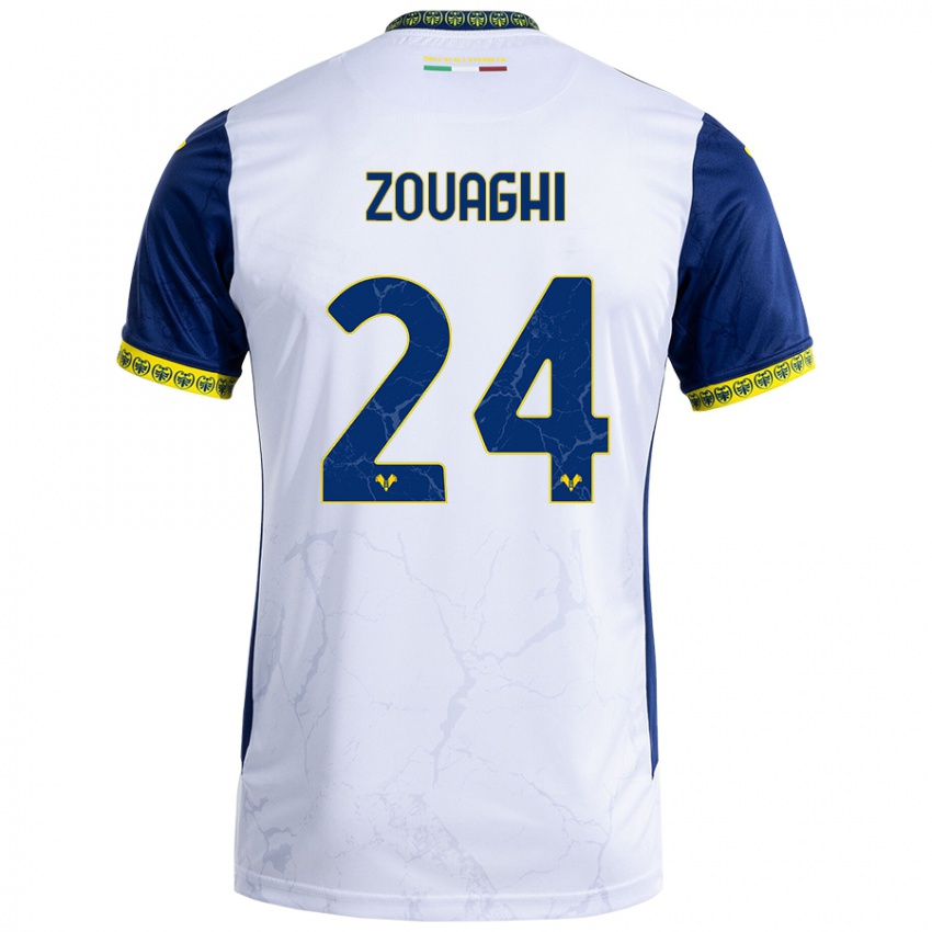 Enfant Maillot Thomas Zouaghi #24 Blanc Bleu Tenues Extérieur 2024/25 T-Shirt Belgique