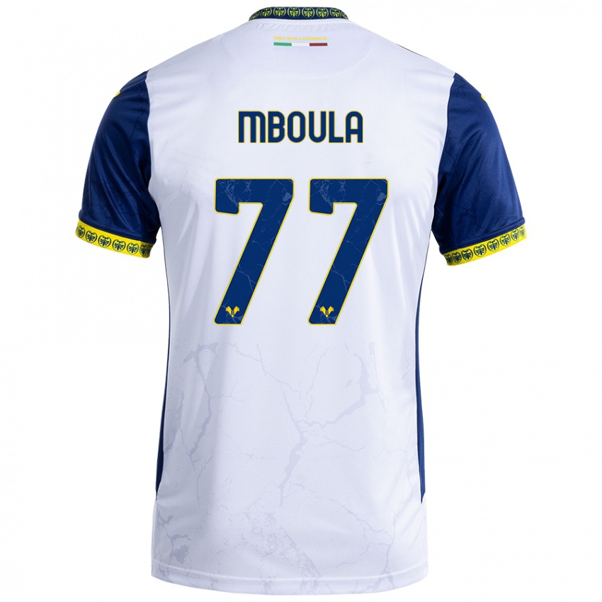 Enfant Maillot Jordi Mboula #77 Blanc Bleu Tenues Extérieur 2024/25 T-Shirt Belgique