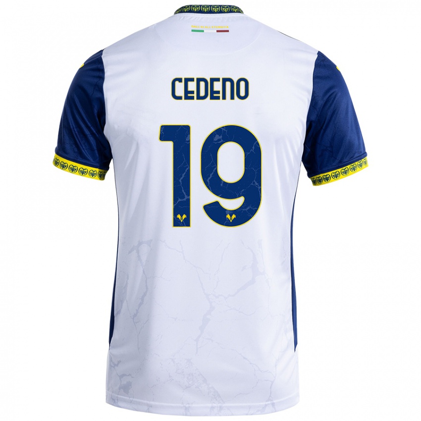 Enfant Maillot Lineth Cedeno #19 Blanc Bleu Tenues Extérieur 2024/25 T-Shirt Belgique