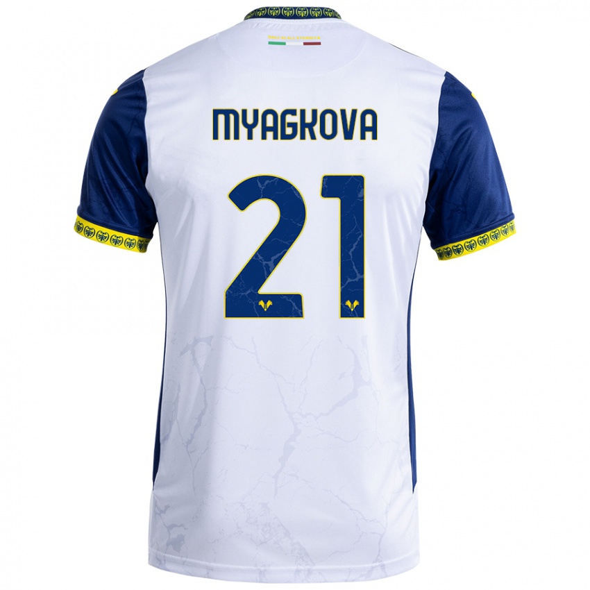 Enfant Maillot Alina Myagkova #21 Blanc Bleu Tenues Extérieur 2024/25 T-Shirt Belgique