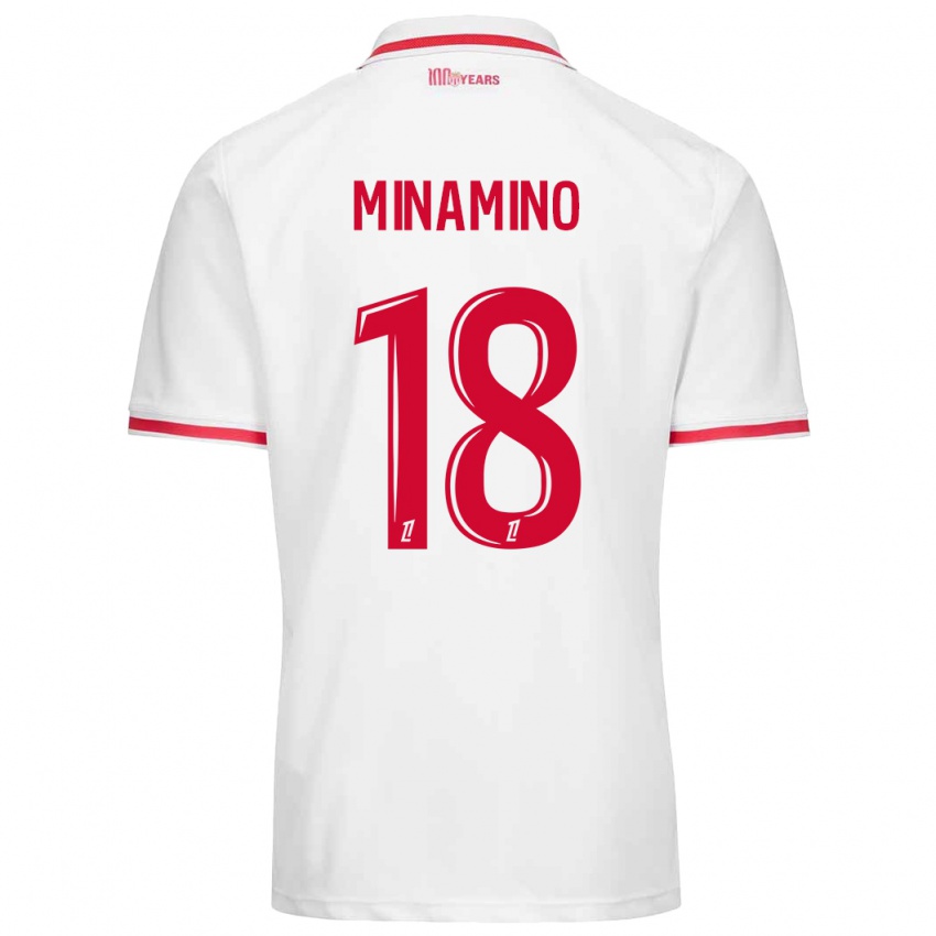 Homme Maillot Takumi Minamino #18 Blanc Rouge Tenues Domicile 2024/25 T-Shirt Belgique