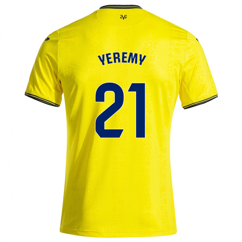 Homme Maillot Yéremy Pino #21 Jaune Noir Tenues Domicile 2024/25 T-Shirt Belgique