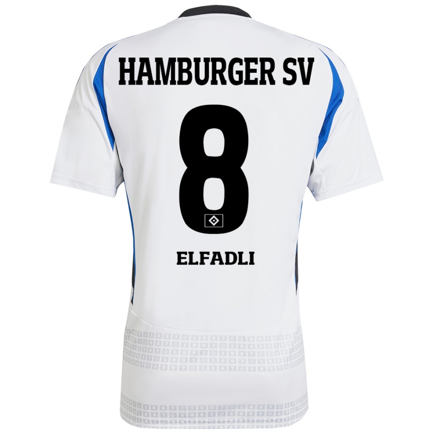 Homme Maillot Daniel Elfadli #8 Blanc Bleu Tenues Domicile 2024/25 T-Shirt Belgique