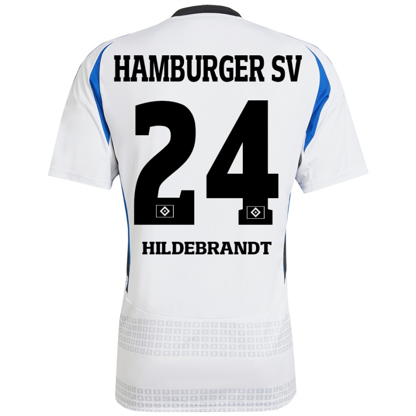 Homme Maillot Tjark Hildebrandt #24 Blanc Bleu Tenues Domicile 2024/25 T-Shirt Belgique