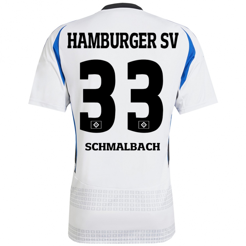 Homme Maillot Sebastian Schmalbach #33 Blanc Bleu Tenues Domicile 2024/25 T-Shirt Belgique