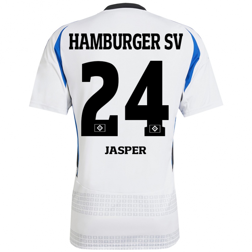 Homme Maillot Jan-Lukas Jasper #24 Blanc Bleu Tenues Domicile 2024/25 T-Shirt Belgique