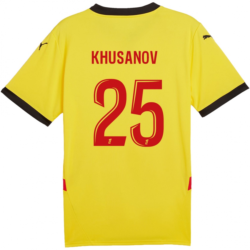 Homme Maillot Abdukodir Khusanov #25 Jaune Rouge Tenues Domicile 2024/25 T-Shirt Belgique