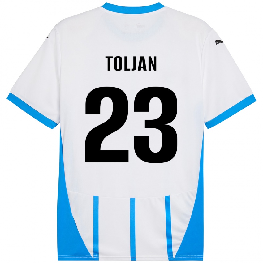 Homme Maillot Jeremy Toljan #23 Blanc Bleu Tenues Extérieur 2024/25 T-Shirt Belgique