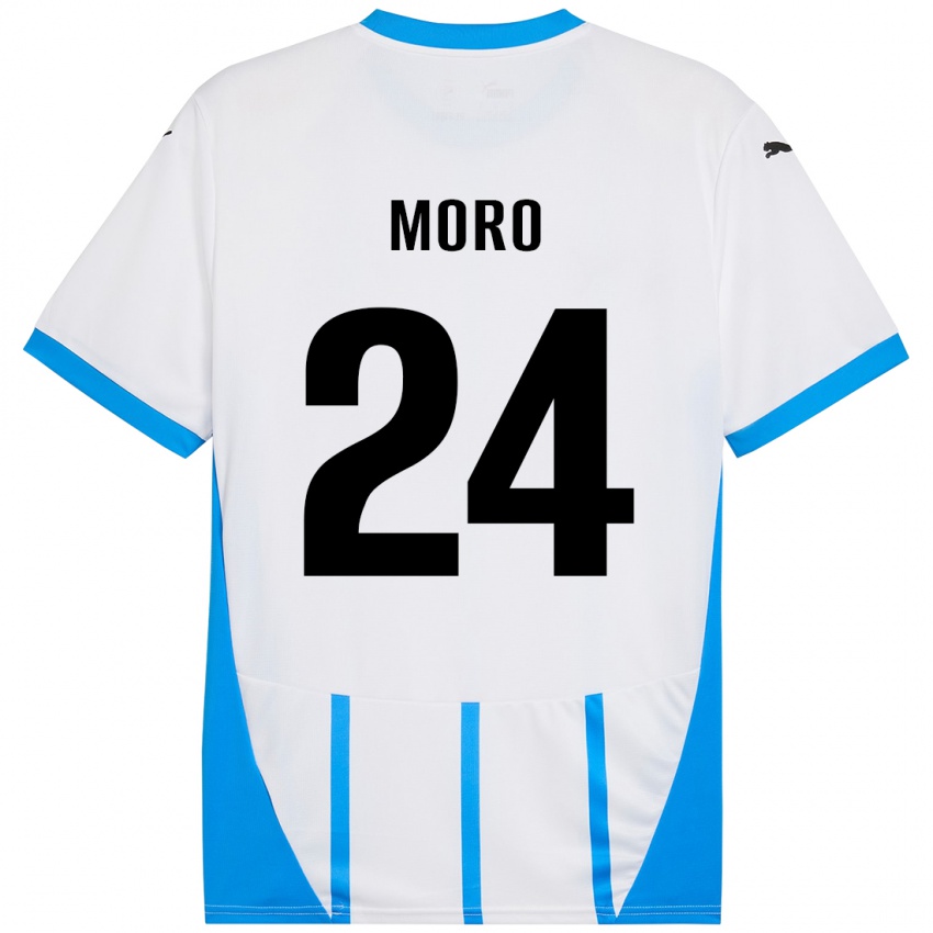 Homme Maillot Luca Moro #24 Blanc Bleu Tenues Extérieur 2024/25 T-Shirt Belgique