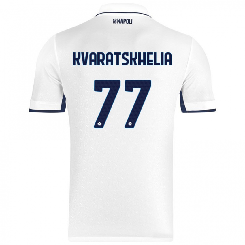 Heren Khvicha Kvaratskhelia #77 Wit Koningsblauw Uitshirt Uittenue 2024/25 T-Shirt België