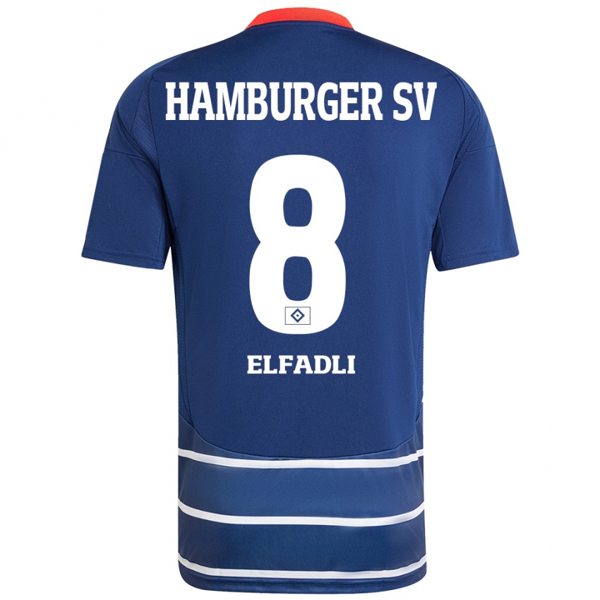 Homme Maillot Daniel Elfadli #8 Bleu Foncé Tenues Extérieur 2024/25 T-Shirt Belgique