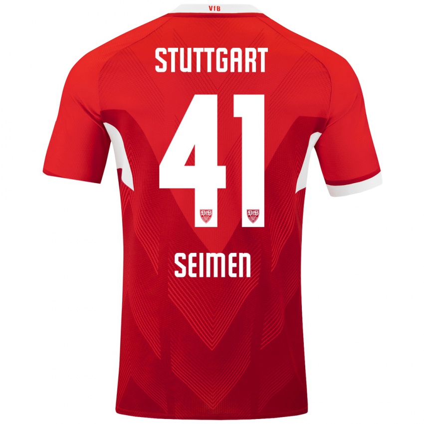 Heren Dennis Seimen #41 Rood Wit Uitshirt Uittenue 2024/25 T-Shirt België