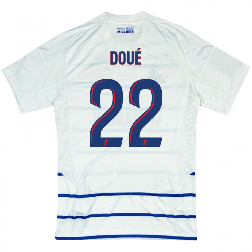 Homme Maillot Guéla Doué #22 Blanc Bleu Tenues Extérieur 2024/25 T-Shirt Belgique