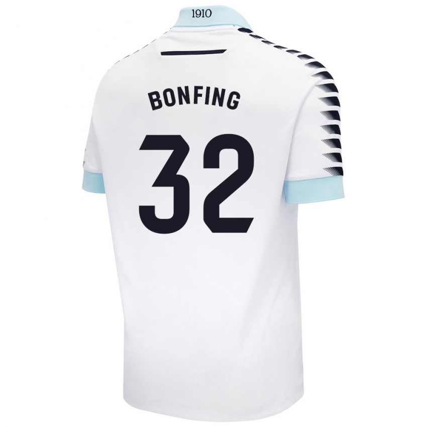 Homme Maillot Boubacar Bonfing #32 Blanc Bleu Tenues Extérieur 2024/25 T-Shirt Belgique