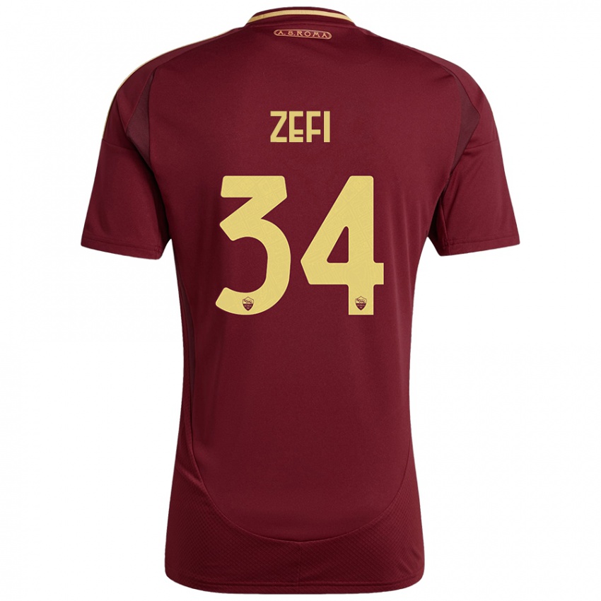 Femme Maillot Kevin Zefi #34 Rouge Brun Or Tenues Domicile 2024/25 T-Shirt Belgique