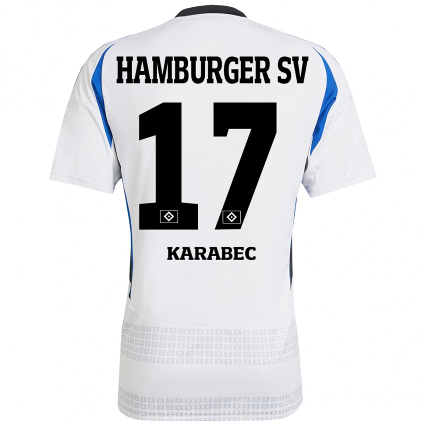 Femme Maillot Adam Karabec #17 Blanc Bleu Tenues Domicile 2024/25 T-Shirt Belgique