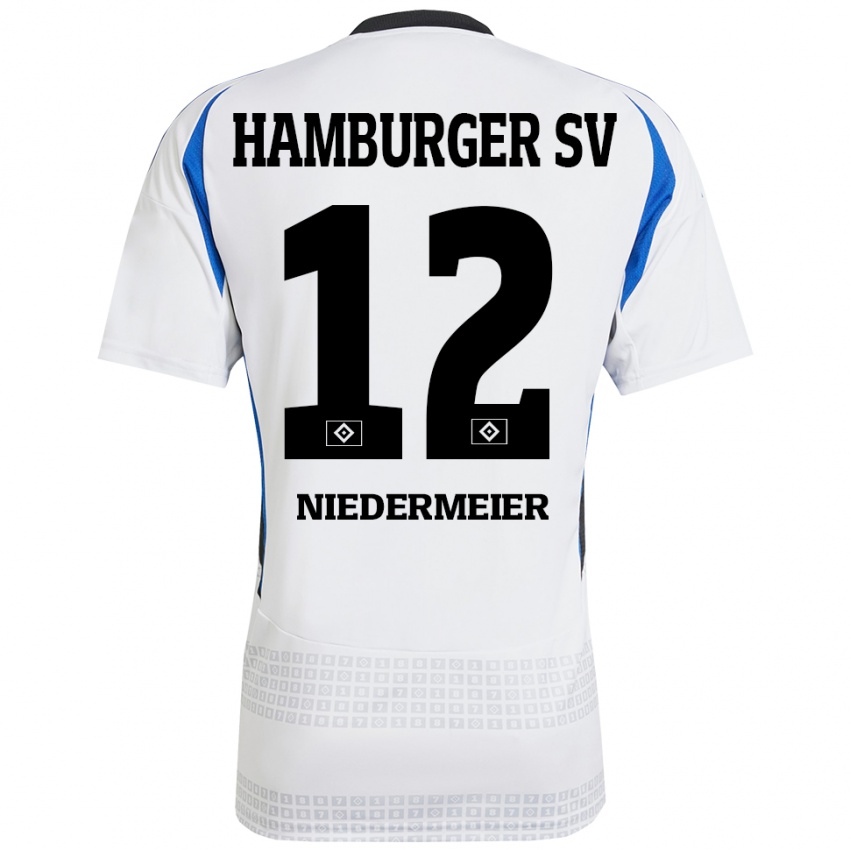 Femme Maillot Philipp Niedermeier #12 Blanc Bleu Tenues Domicile 2024/25 T-Shirt Belgique