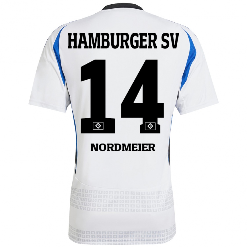 Femme Maillot Quentin Nordmeier #14 Blanc Bleu Tenues Domicile 2024/25 T-Shirt Belgique