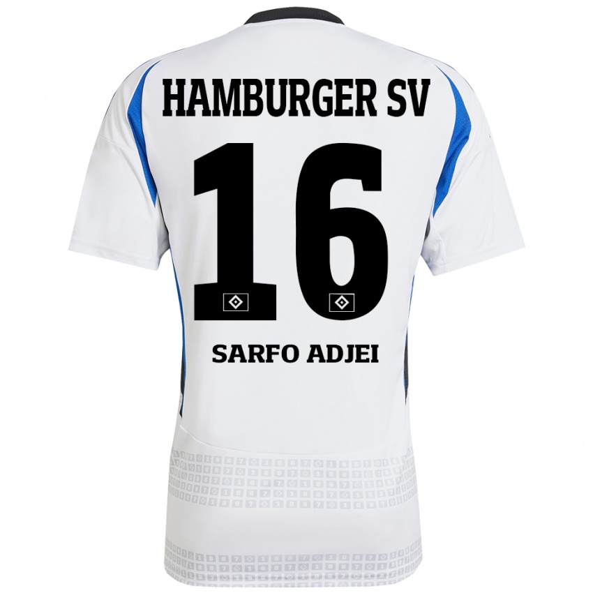 Femme Maillot Maximilian Sarfo-Adjei #16 Blanc Bleu Tenues Domicile 2024/25 T-Shirt Belgique