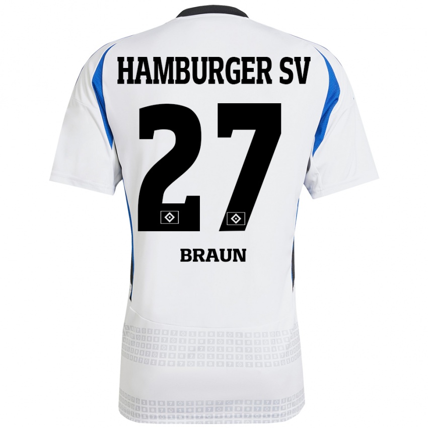 Femme Maillot Elias Braun #27 Blanc Bleu Tenues Domicile 2024/25 T-Shirt Belgique