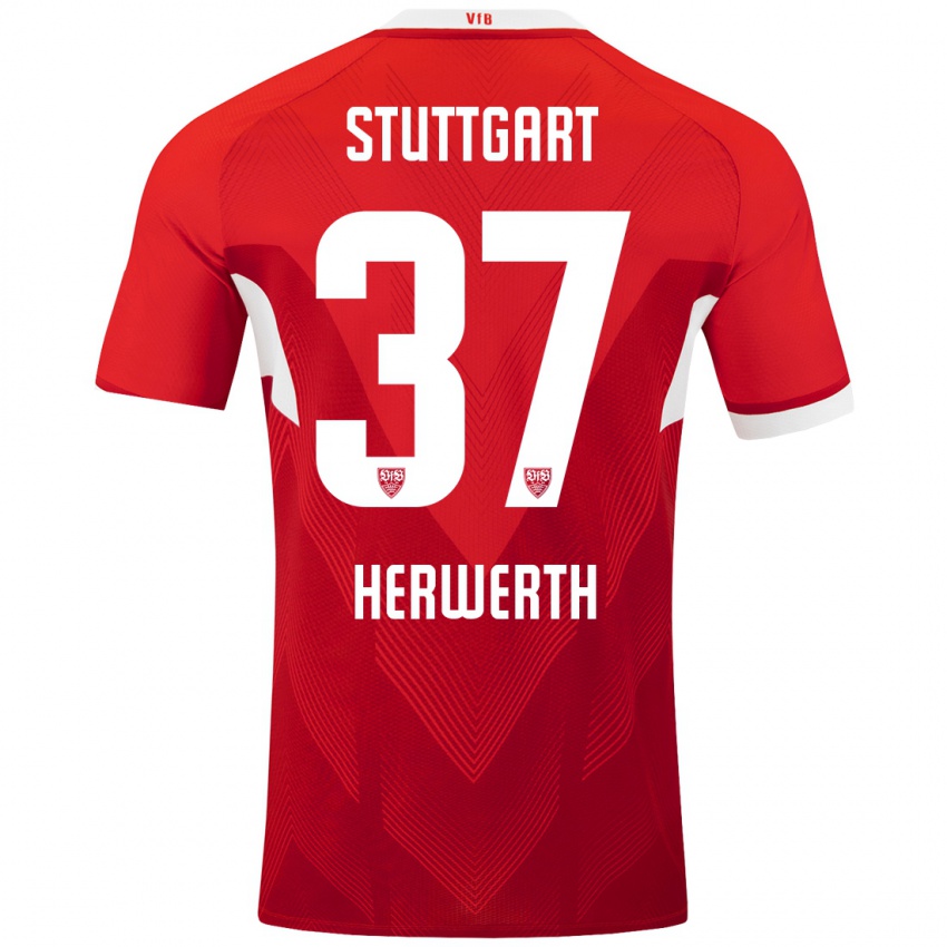 Dames Maximilian Herwerth #37 Rood Wit Uitshirt Uittenue 2024/25 T-Shirt België