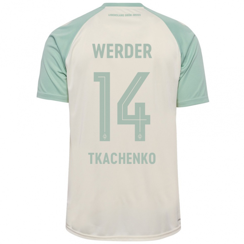 Enfant Maillot Oleksandr Tkachenko #14 Blanc Cassé Vert Clair Tenues Extérieur 2024/25 T-Shirt Belgique