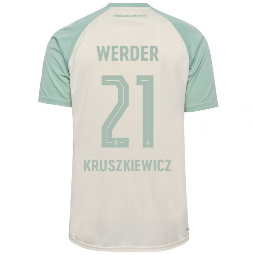 Enfant Maillot Jakub Kruszkiewicz #21 Blanc Cassé Vert Clair Tenues Extérieur 2024/25 T-Shirt Belgique