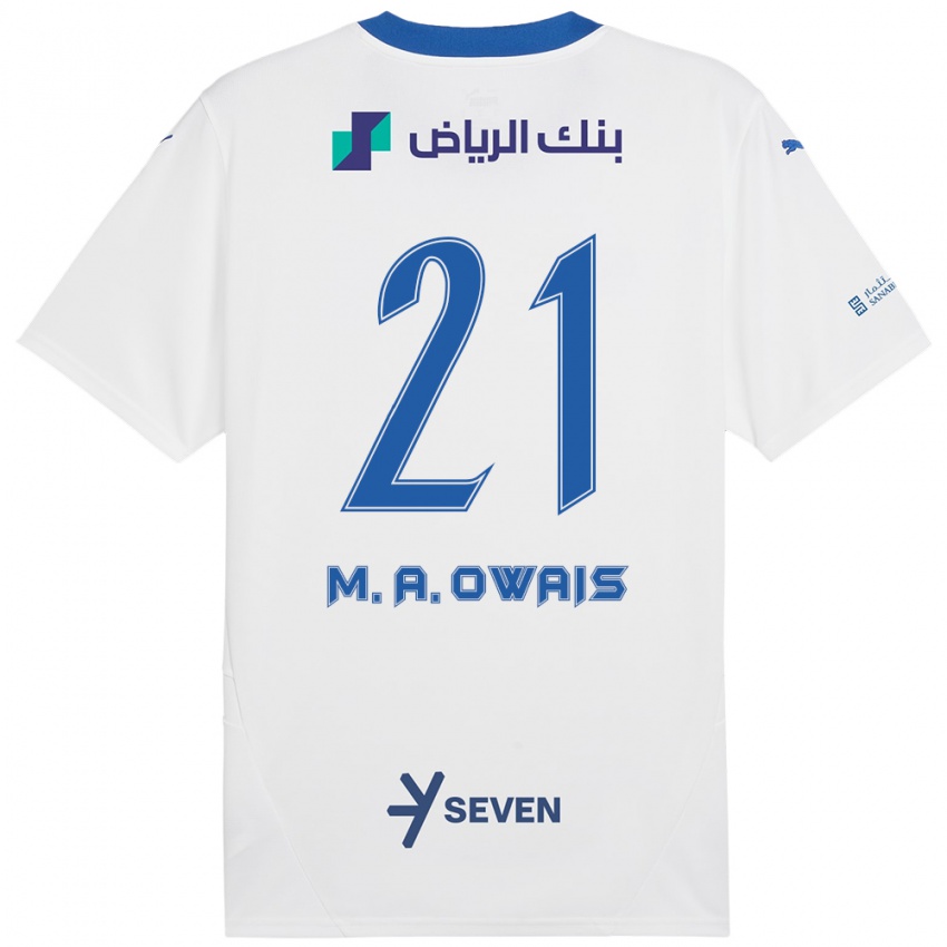 Enfant Maillot Mohammed Al-Owais #21 Blanc Bleu Tenues Extérieur 2024/25 T-Shirt Belgique