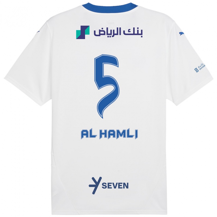 Enfant Maillot Noura Al-Hamli #5 Blanc Bleu Tenues Extérieur 2024/25 T-Shirt Belgique