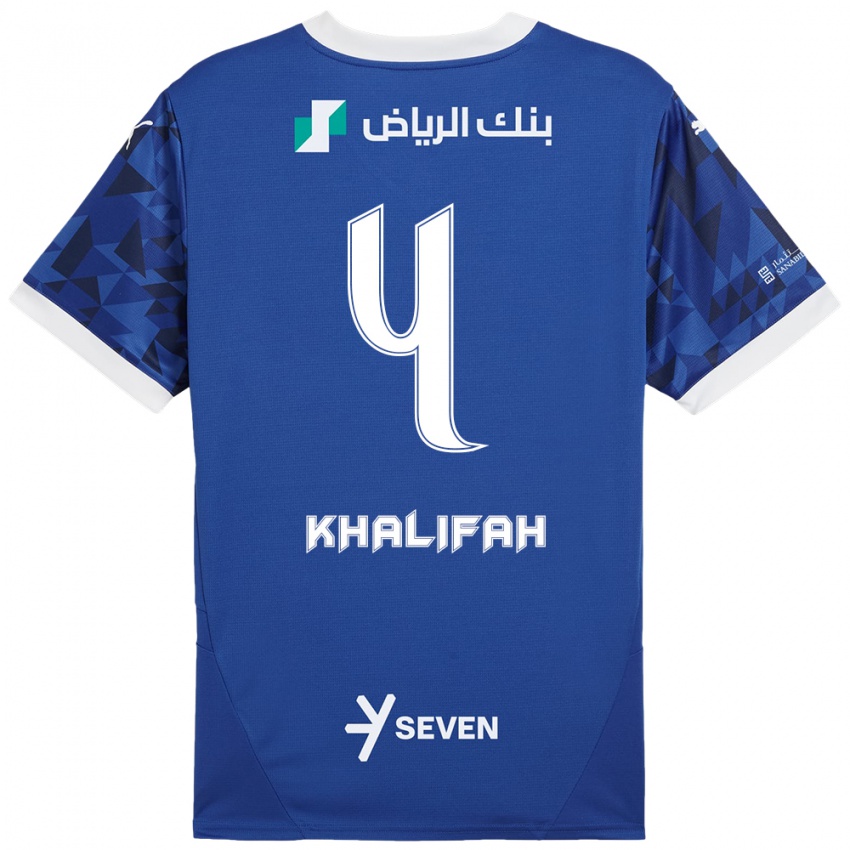 Homme Maillot Khalifah Al-Dawsari #4 Bleu Foncé Blanc Tenues Domicile 2024/25 T-Shirt Belgique