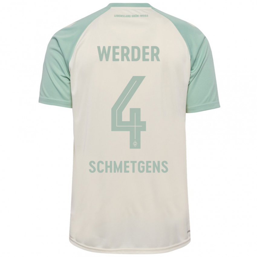 Homme Maillot Mick Schmetgens #4 Blanc Cassé Vert Clair Tenues Extérieur 2024/25 T-Shirt Belgique