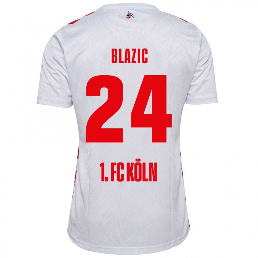 Femme Maillot Alessandro Blazic #24 Blanc Rouge Tenues Domicile 2024/25 T-Shirt Belgique