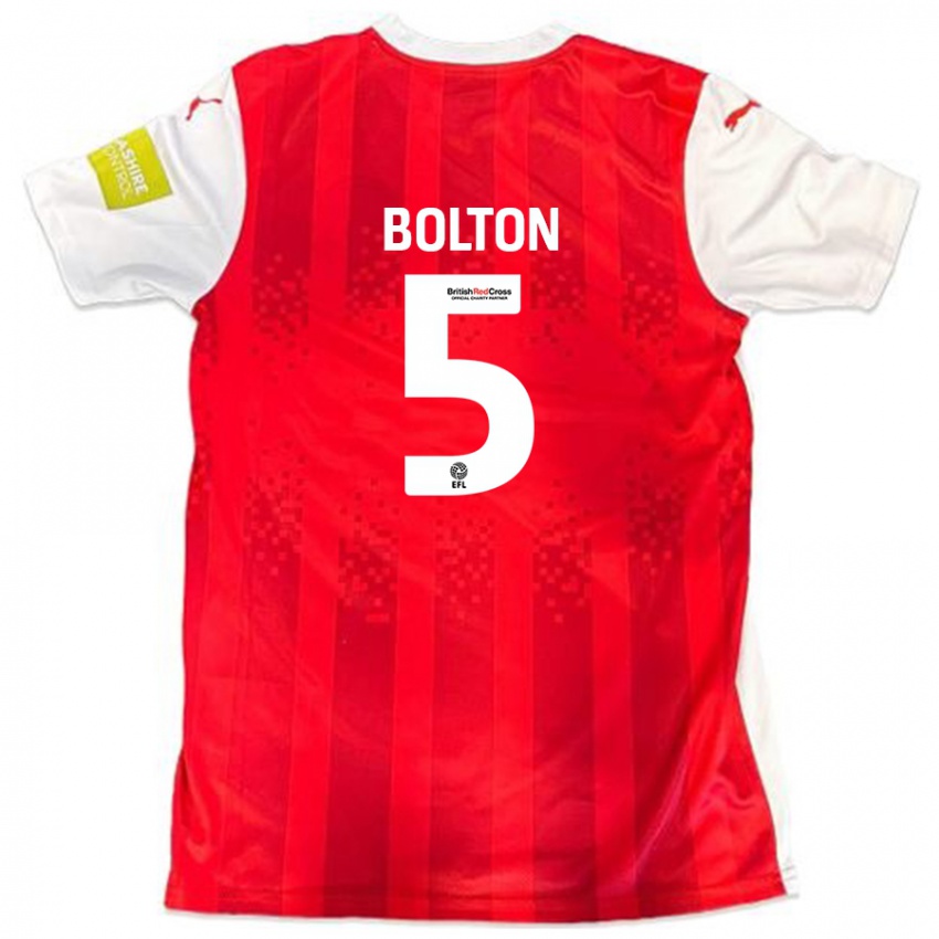 Enfant Maillot James Bolton #5 Rouge Blanc Tenues Domicile 2024/25 T-Shirt Belgique