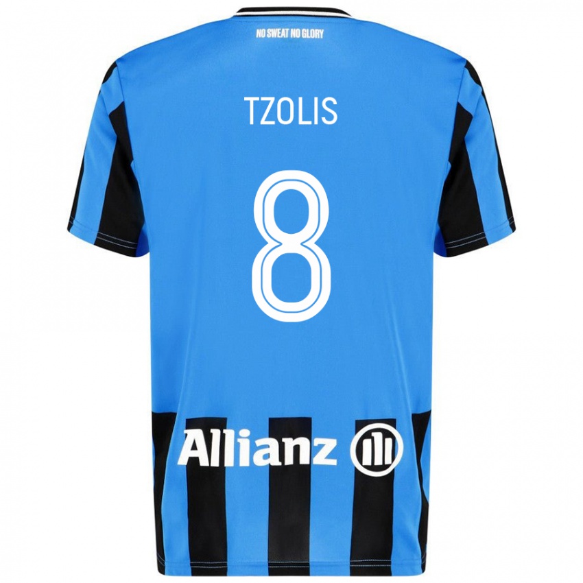 Enfant Maillot Christos Tzolis #8 Bleu Ciel Noir Tenues Domicile 2024/25 T-Shirt Belgique