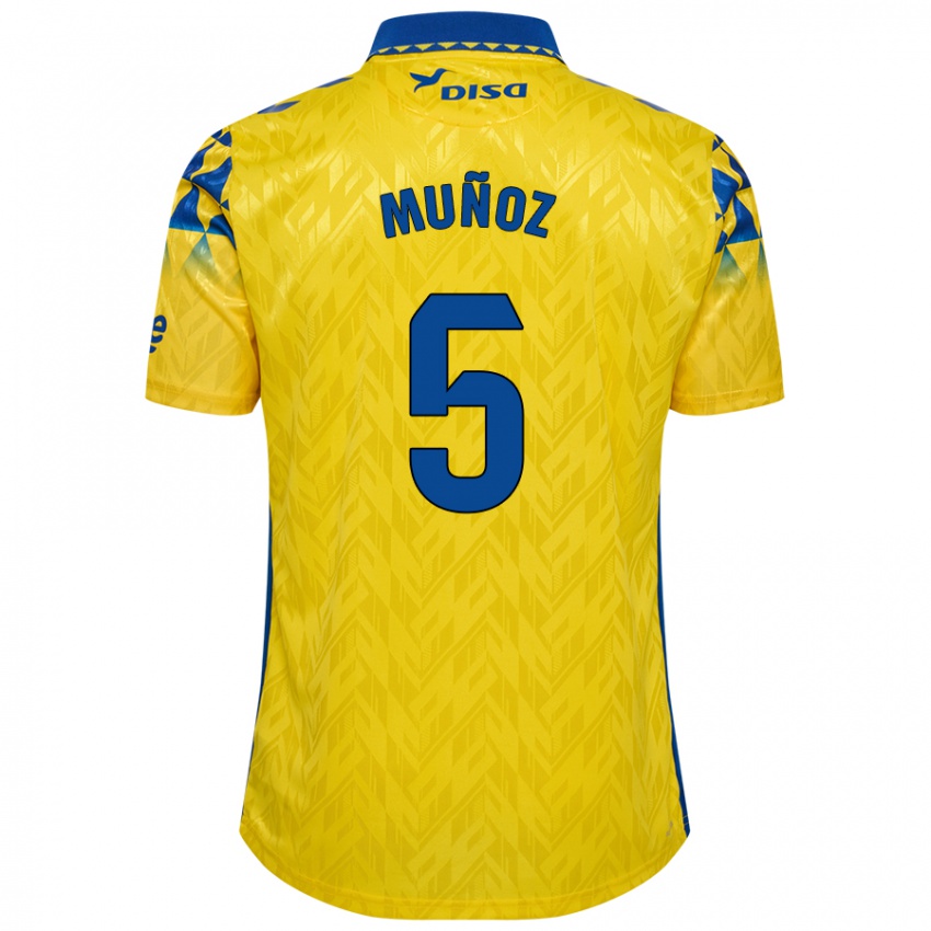 Homme Maillot Javi Muñoz #5 Jaune Bleu Tenues Domicile 2024/25 T-Shirt Belgique