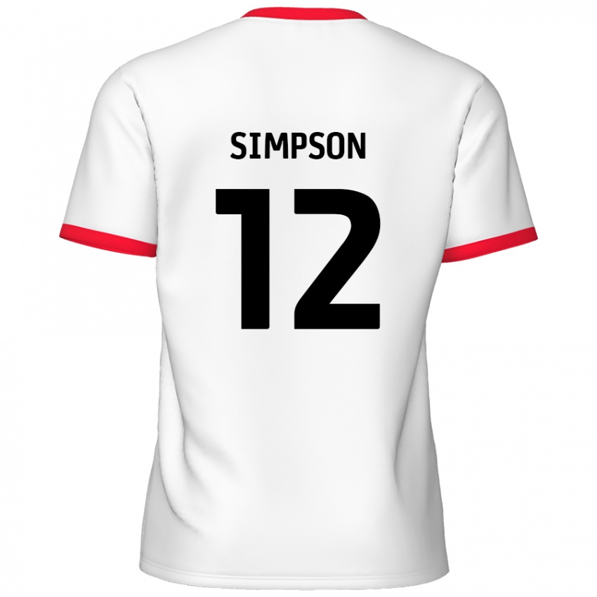 Femme Maillot Tyreece Simpson #12 Blanc Rouge Tenues Domicile 2024/25 T-Shirt Belgique